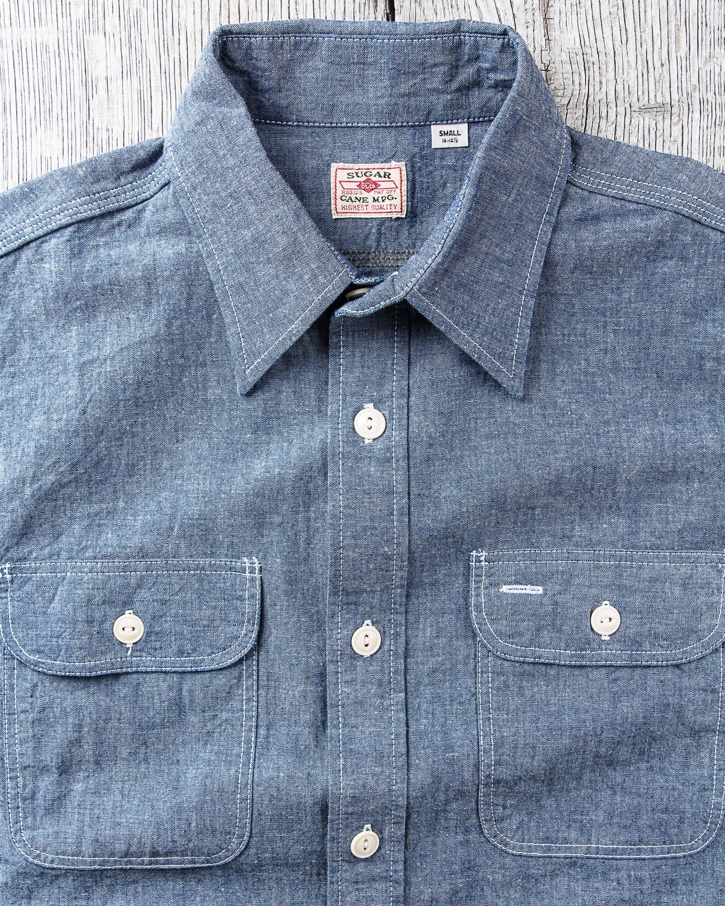 Sugar Cane & Co. Short Sleeve Blue Chambray Work Shirt SC37941