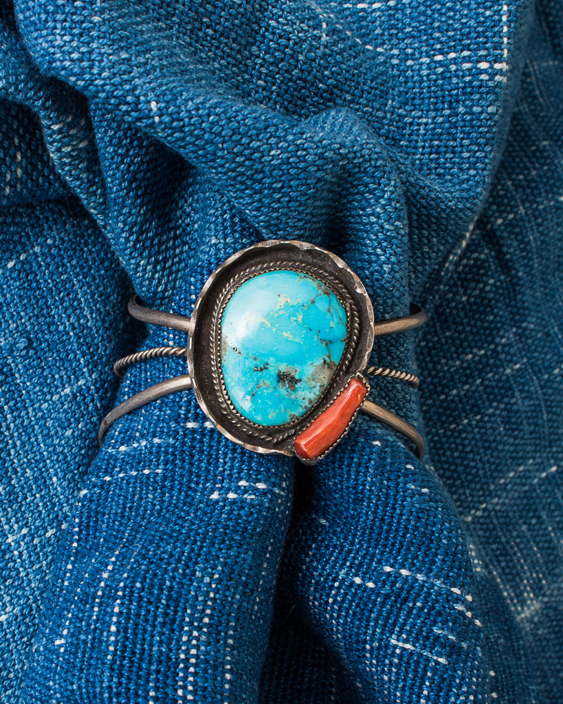 Vintage Steve Grant Navajo Artisan Turquoise & Coral Silver Bracelet