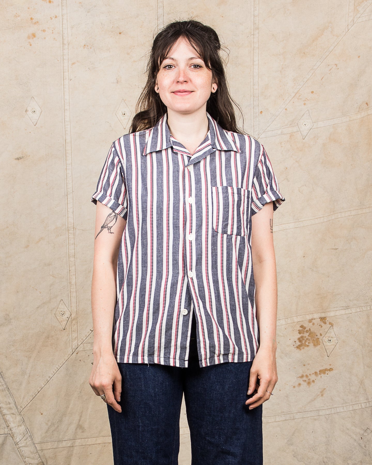 Sugar Cane & Co SC39119 Short Sleeve Heart Stripe Open Shirt Navy