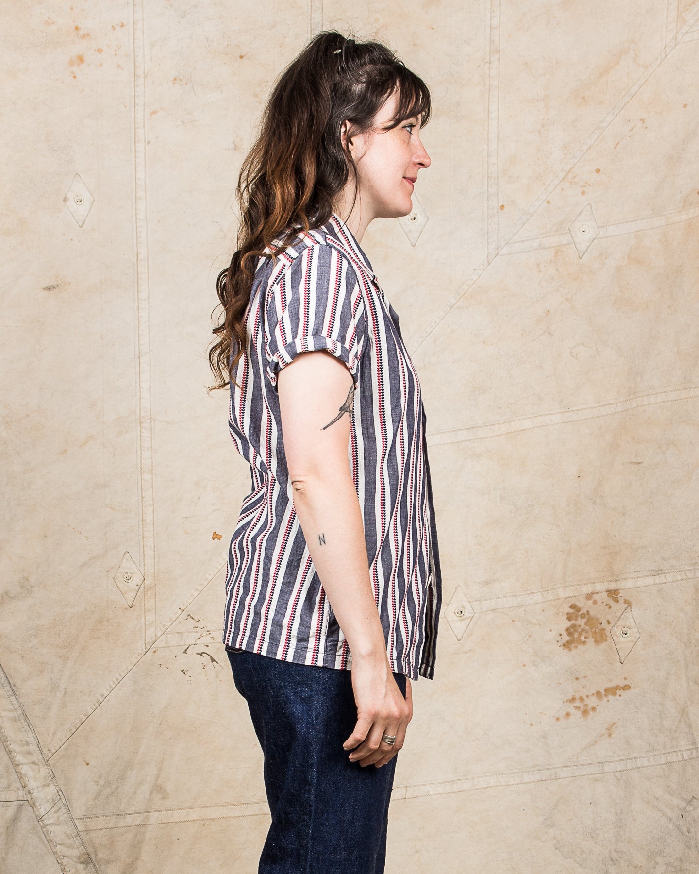 Sugar Cane & Co SC39119 Short Sleeve Heart Stripe Open Shirt Navy