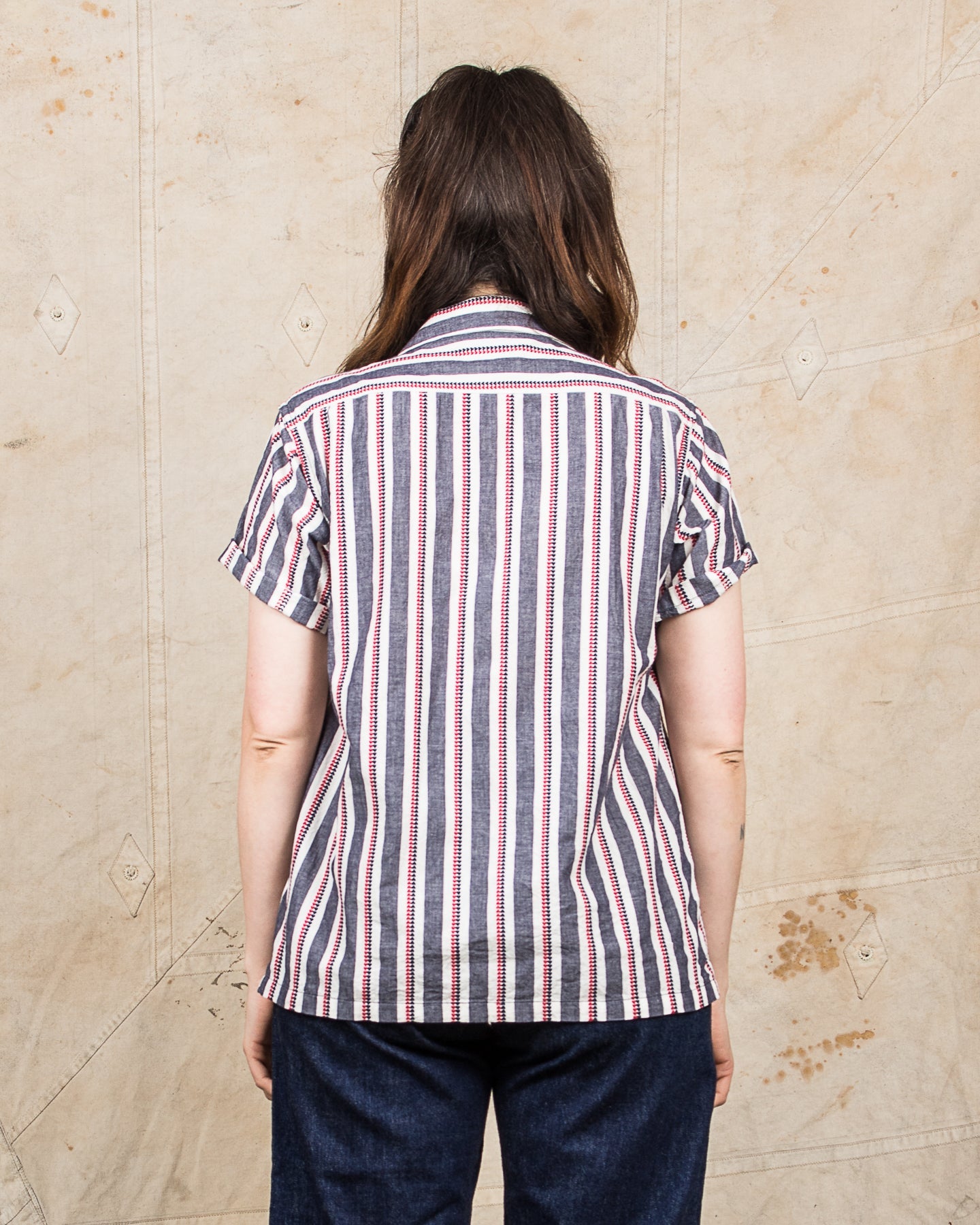 Sugar Cane & Co SC39119 Short Sleeve Heart Stripe Open Shirt Navy