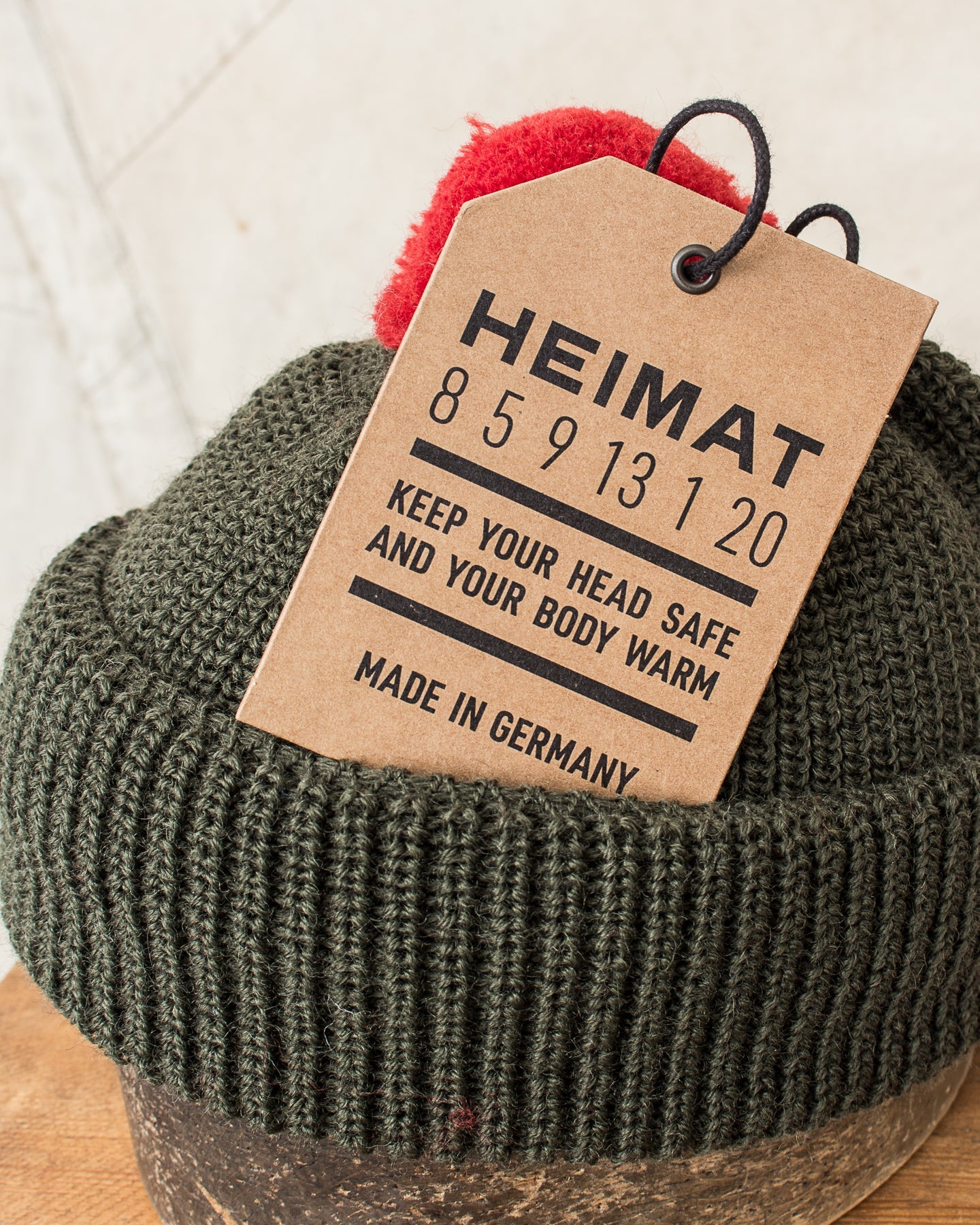 Heimat Mechanics Bobble Wool Hat Military Green / Safety Red