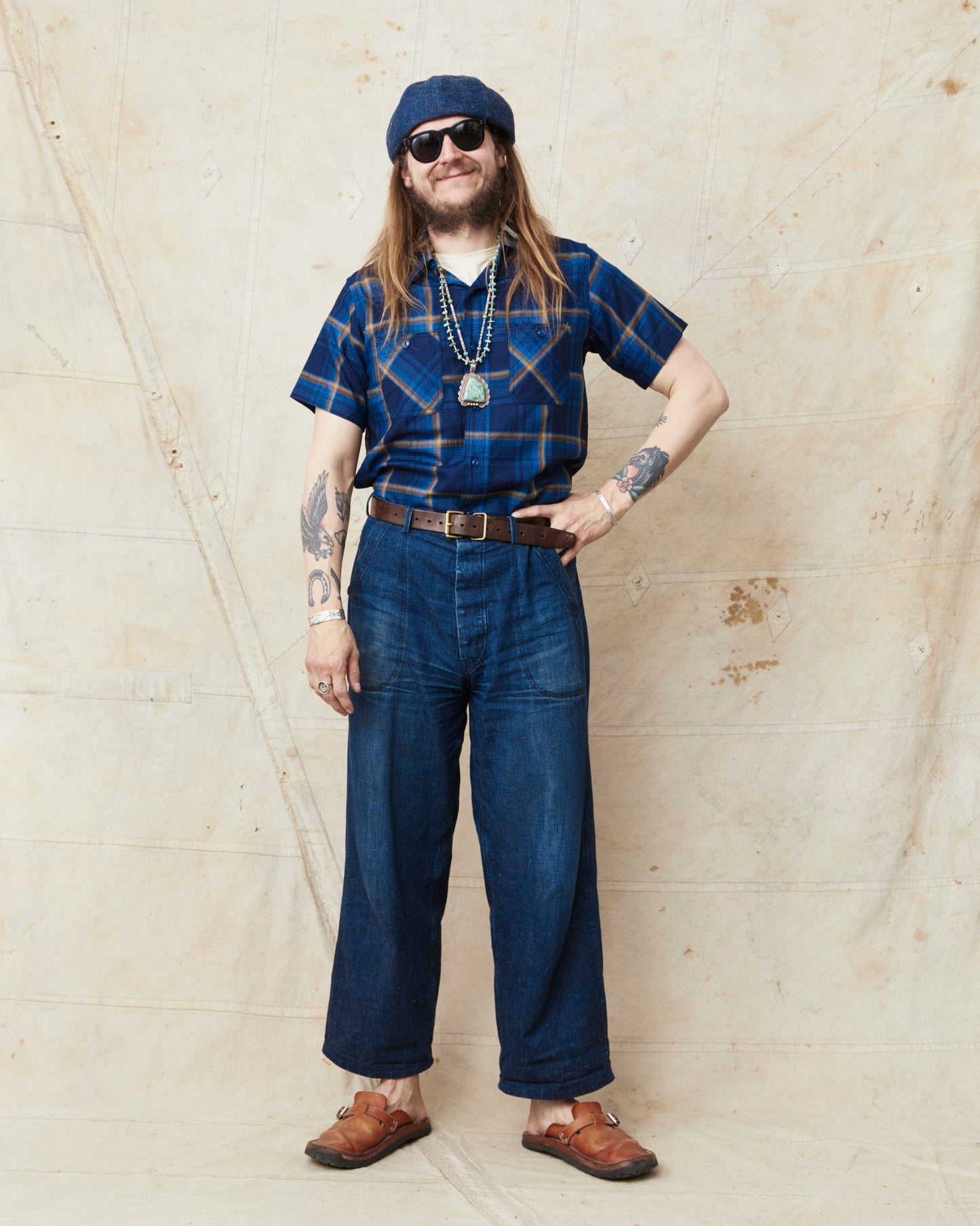 Sugar Cane & Co SC39518 Short Sleeve Indigo Check Work Shirt
