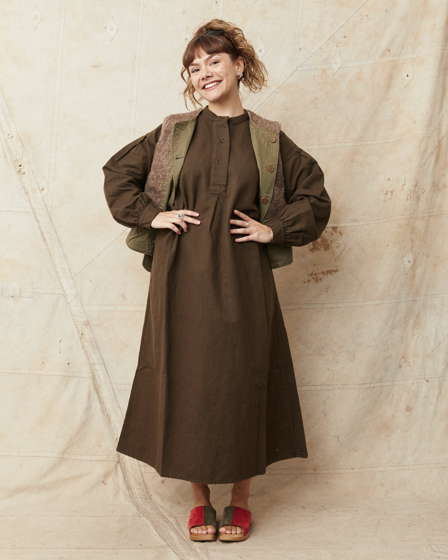 OrSlow 9539 Cotton / Linen Pullover Dress Coffee Brown