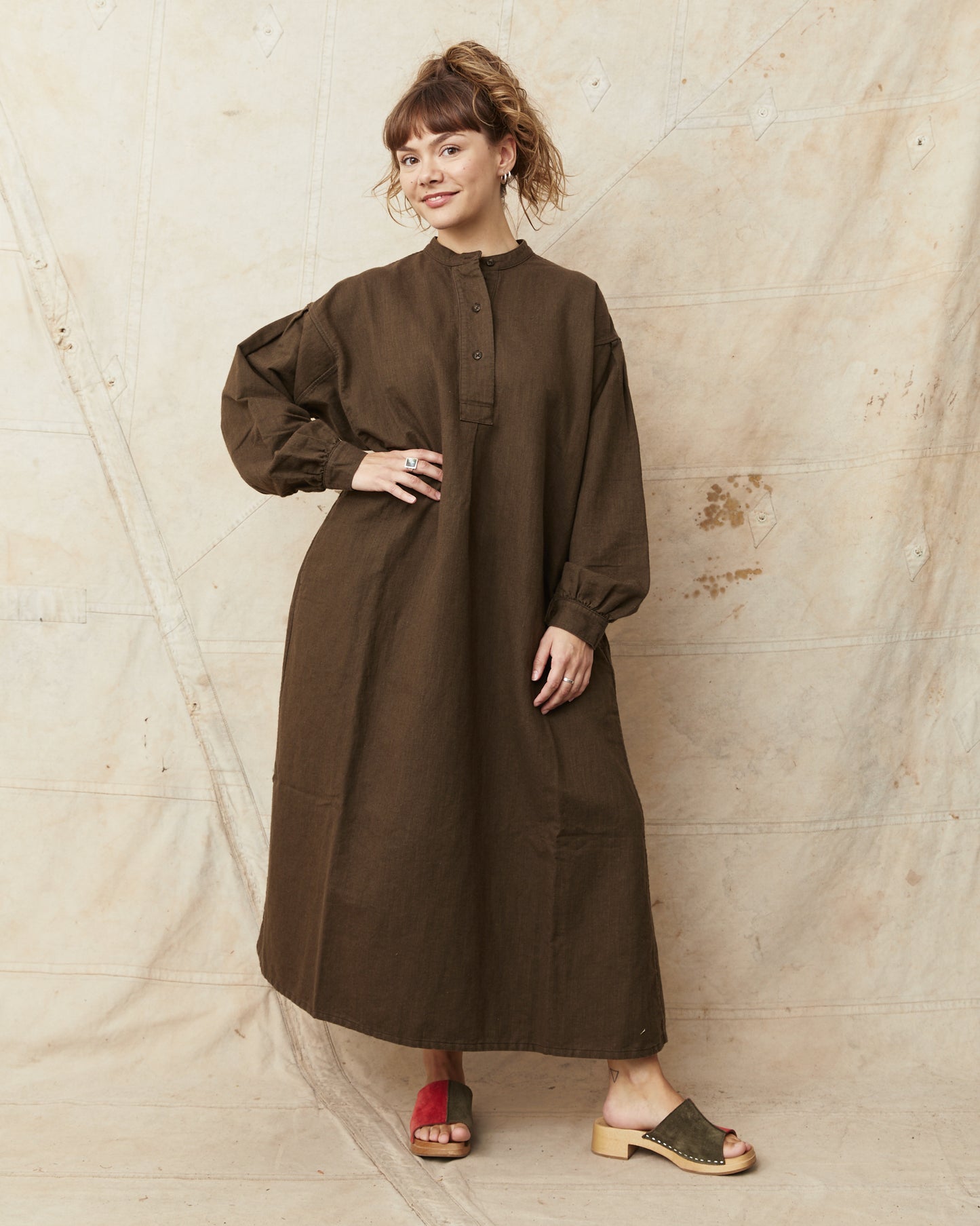OrSlow 9539 Cotton / Linen Pullover Dress Coffee Brown