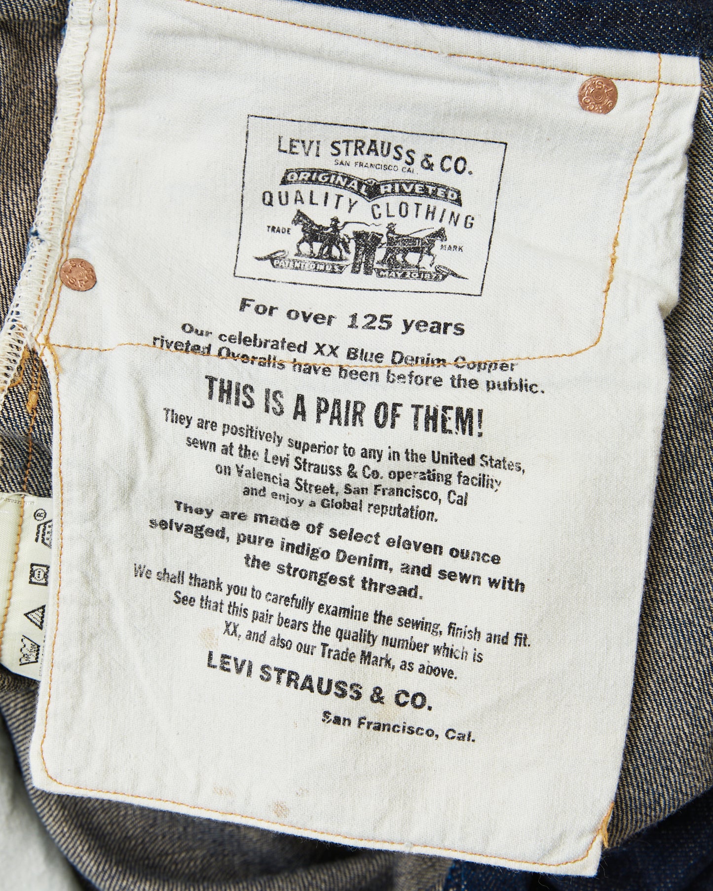 Second Hand LVC 1890 501xx Made in USA 555 Valencia Street Jeans W36/L40