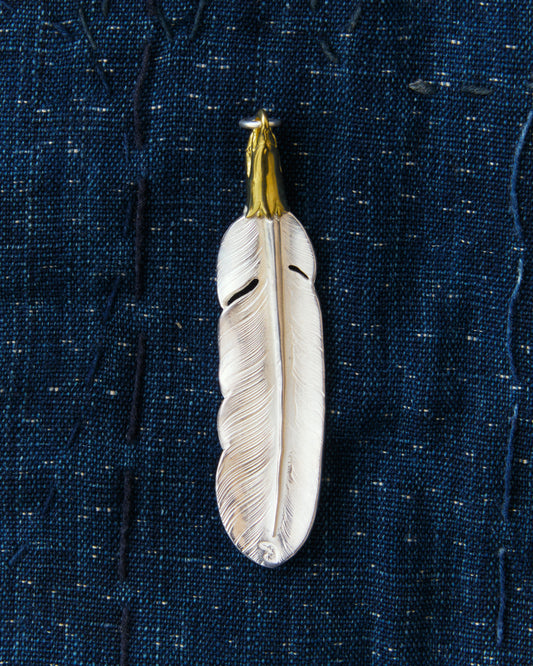 Larry Smith Eagle Head Feather Silver Pendent With 18K Gold Accent EFNL-0041-L