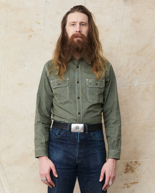 Sugar Cane & Co. Olive Striped Work Shirt SC25511