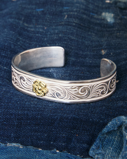 Larry Smith BR-0210 Karakusa Rose 13mm Wide 18K Gold Accent No. 210 Silver Bracelet