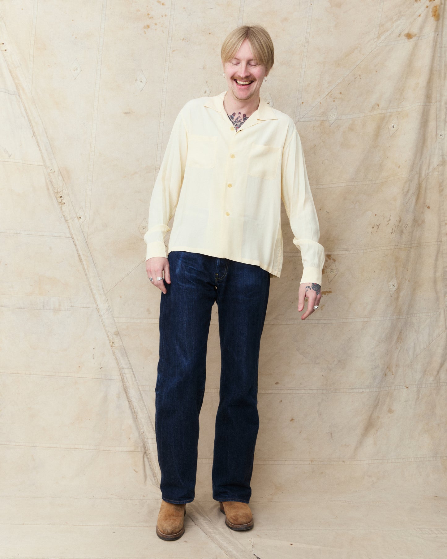 Style Eyes SE29660 Long Sleeved Rayon Bowling Shirt Off White