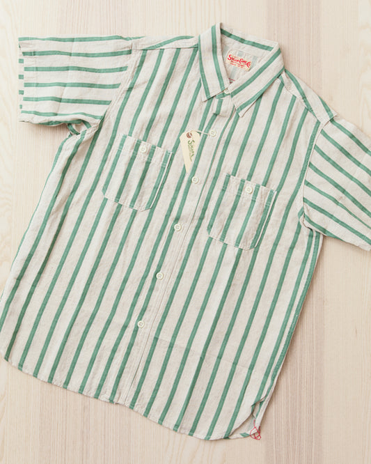 Sugar Cane & Co SC39727 Cotton/Linen Dobby Herringbone Short Sleeve Work Shirt Green