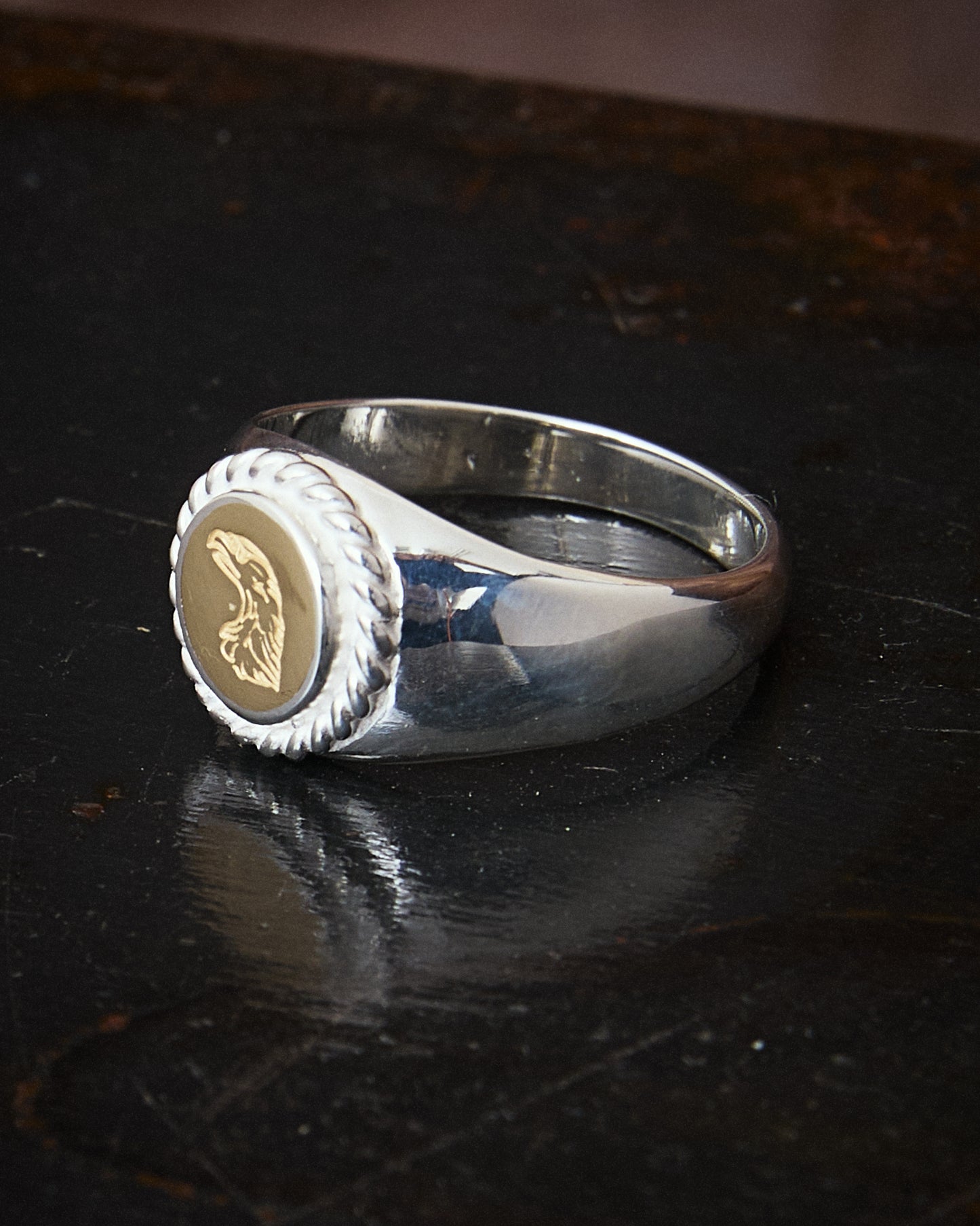 Larry Smith Eagle Head Stamped Ring No. 36 18K Gold Accent Ring EFRG-0036