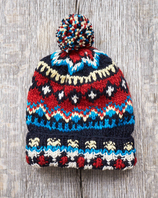 Chamula Double Cuff Wool Cap Fair Isle Navy #3