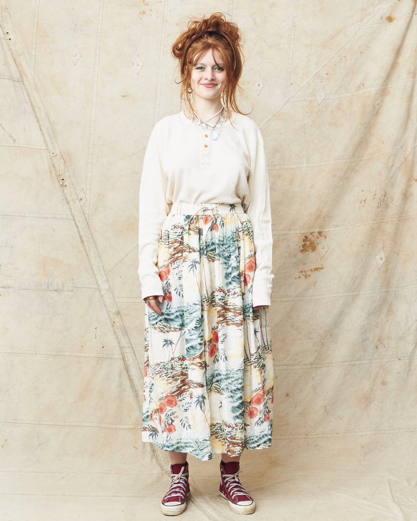 OrSlow 4003 Hawaiian Gathered Rayon Skirt Ecru