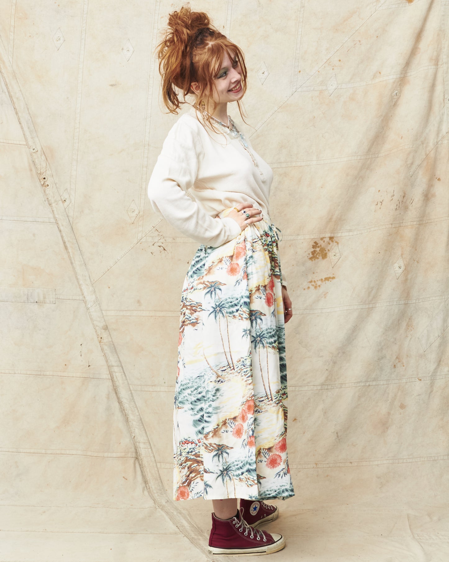 OrSlow 4003 Hawaiian Gathered Rayon Skirt Ecru