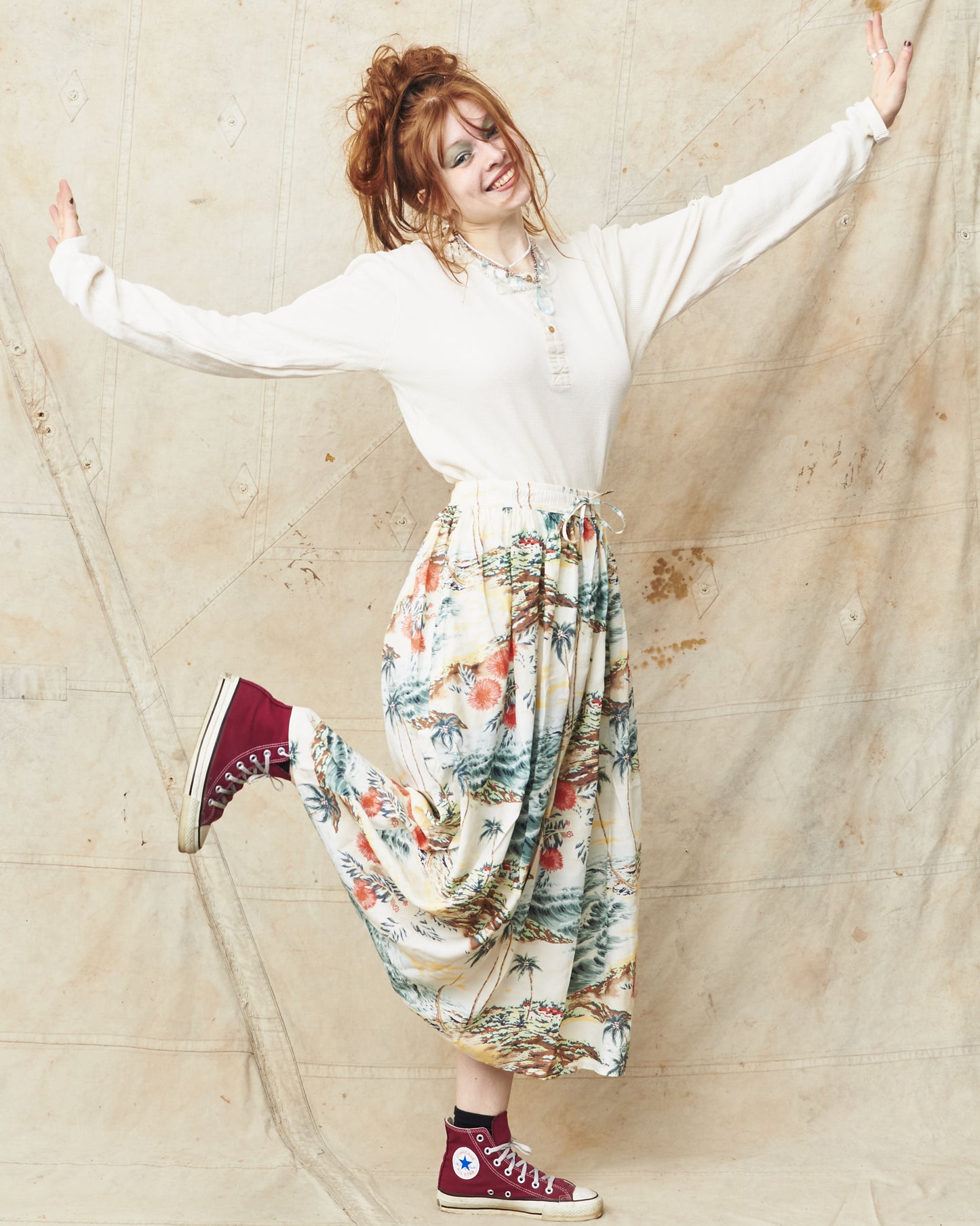 OrSlow 4003 Hawaiian Gathered Rayon Skirt Ecru