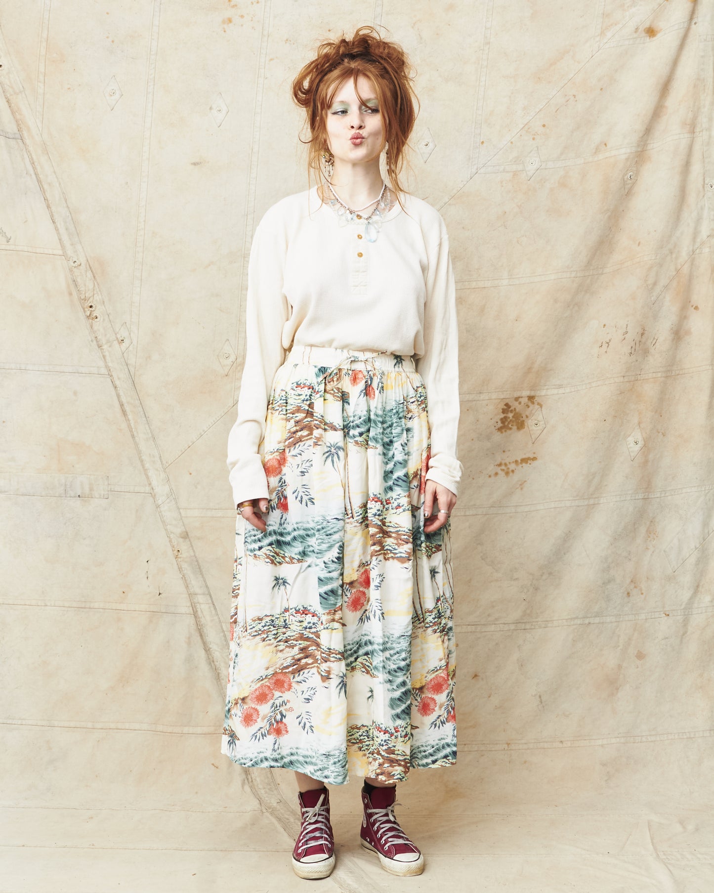 OrSlow 4003 Hawaiian Gathered Rayon Skirt Ecru