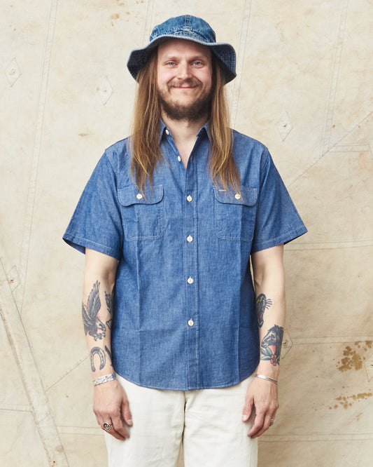 Sugar Cane & Co. Short Sleeve Blue Chambray Work Shirt SC37941