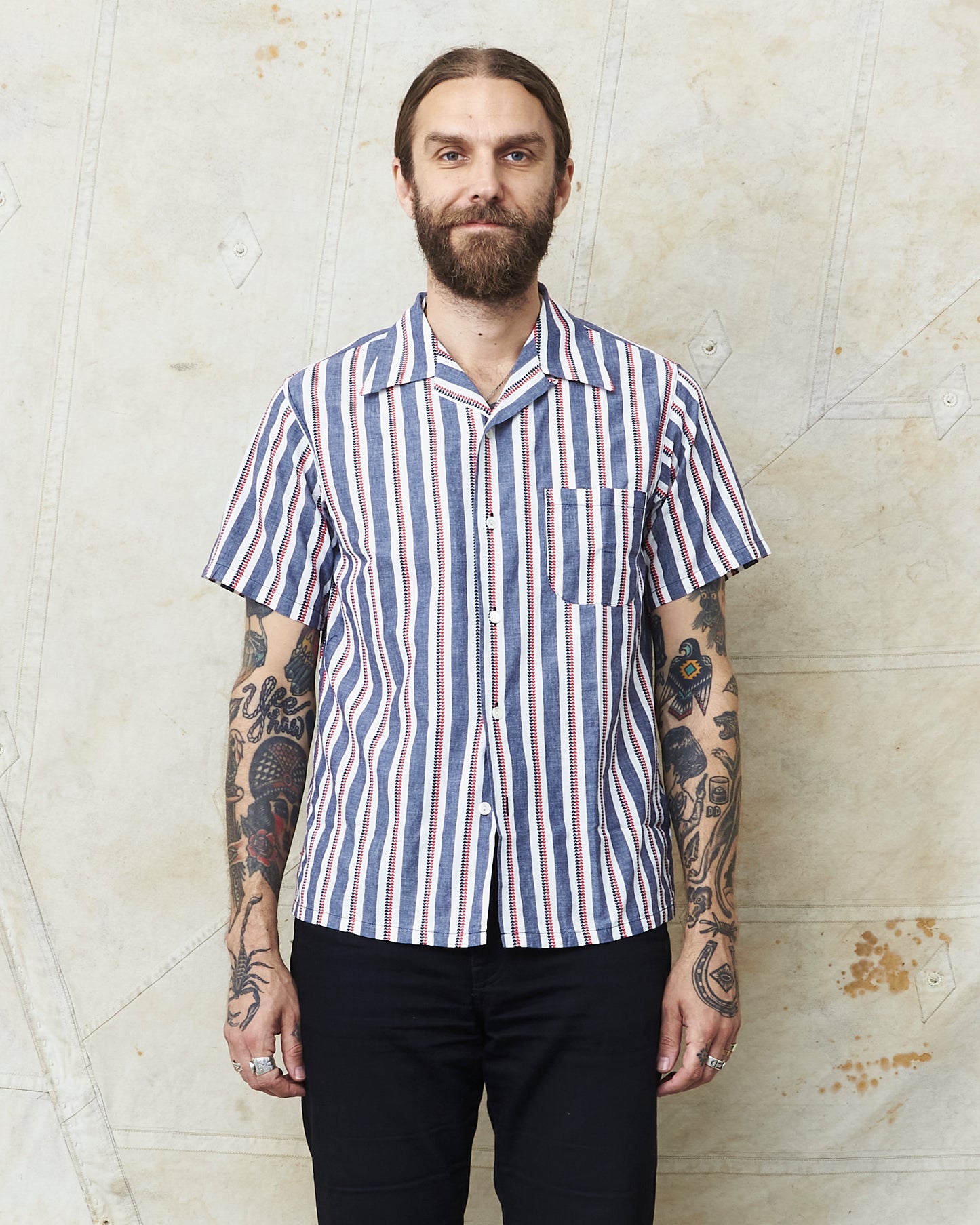 Sugar Cane & Co SC39119 Short Sleeve Heart Stripe Open Shirt Navy