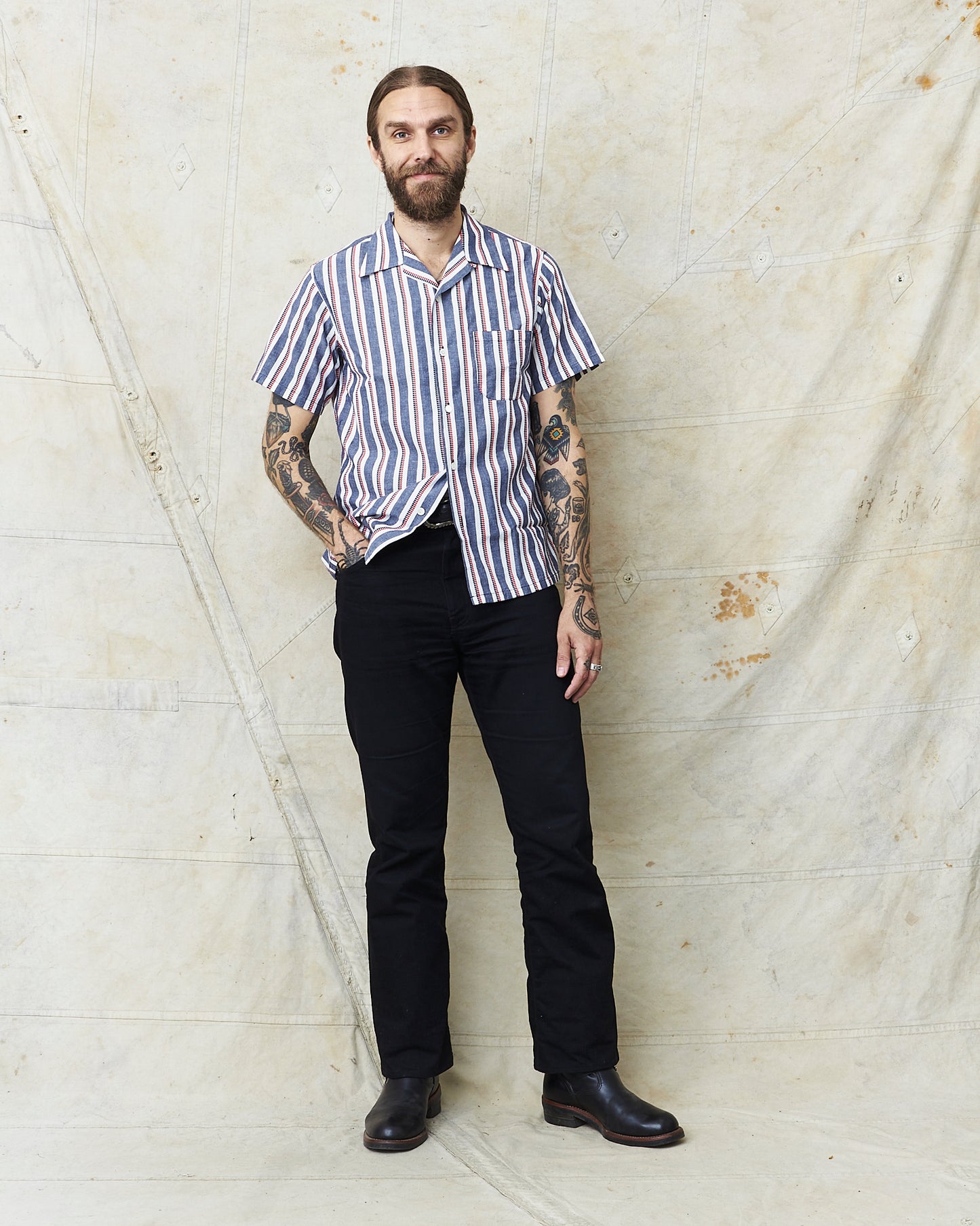 Sugar Cane & Co SC39119 Short Sleeve Heart Stripe Open Shirt Navy