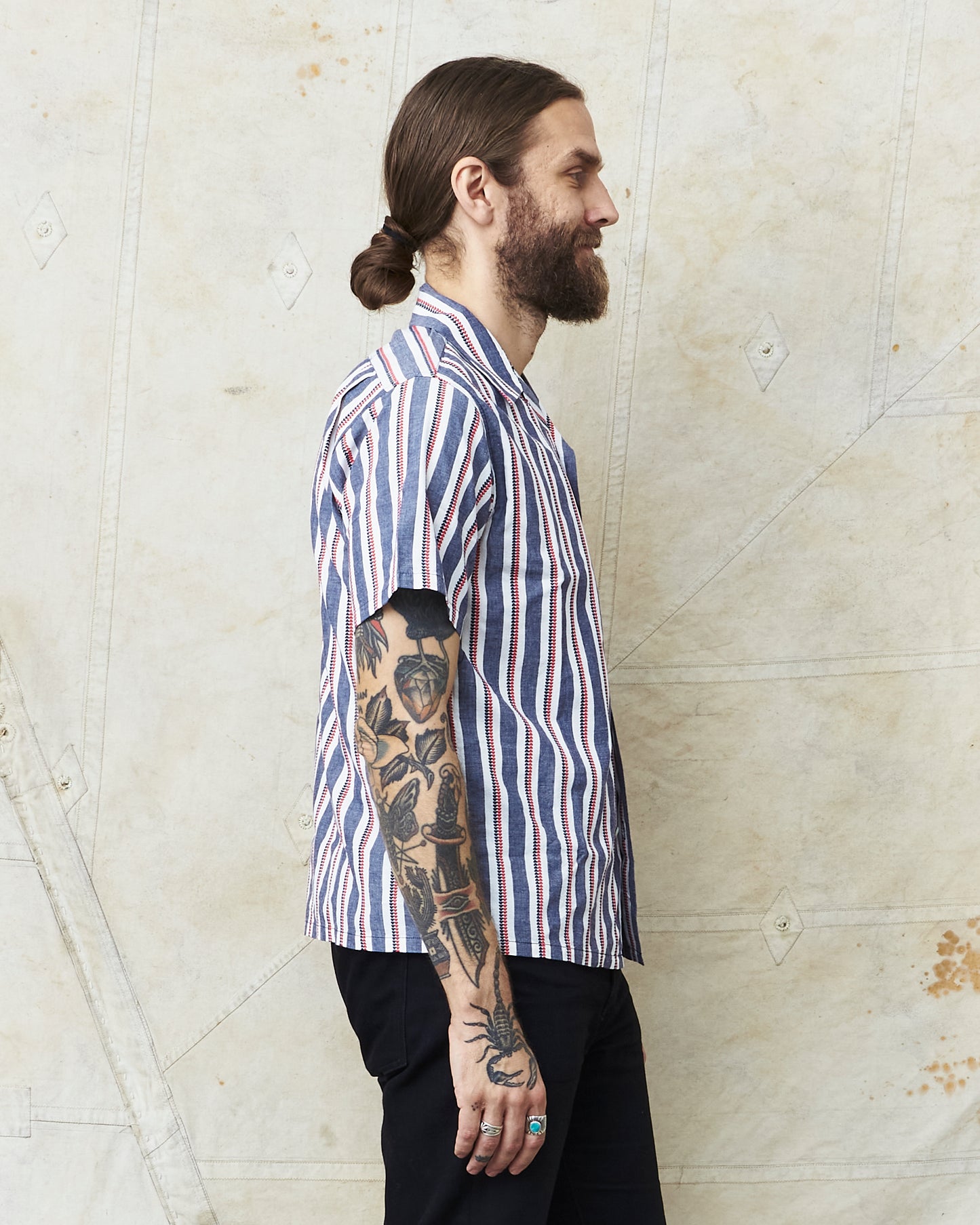 Sugar Cane & Co SC39119 Short Sleeve Heart Stripe Open Shirt Navy