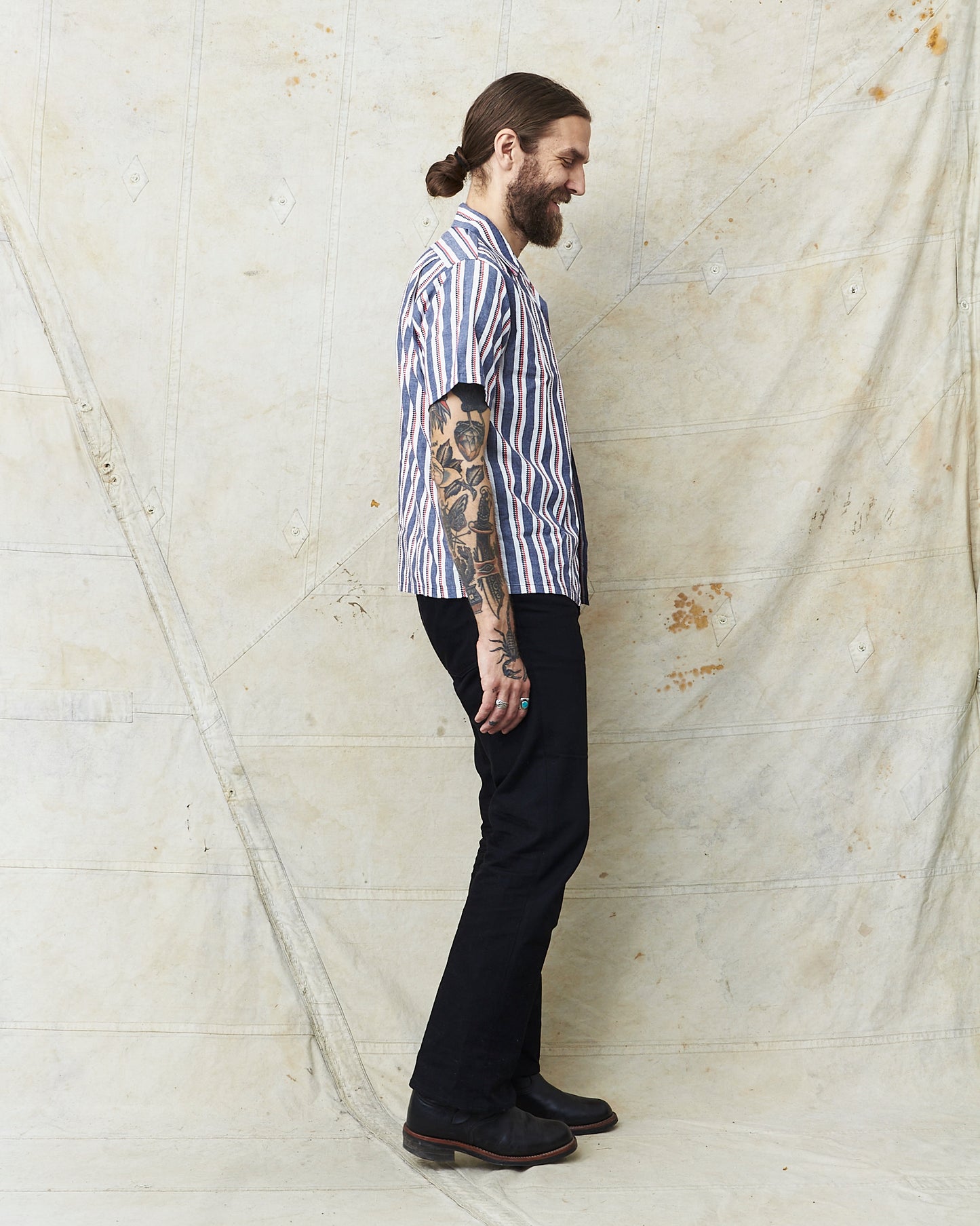 Sugar Cane & Co SC39119 Short Sleeve Heart Stripe Open Shirt Navy