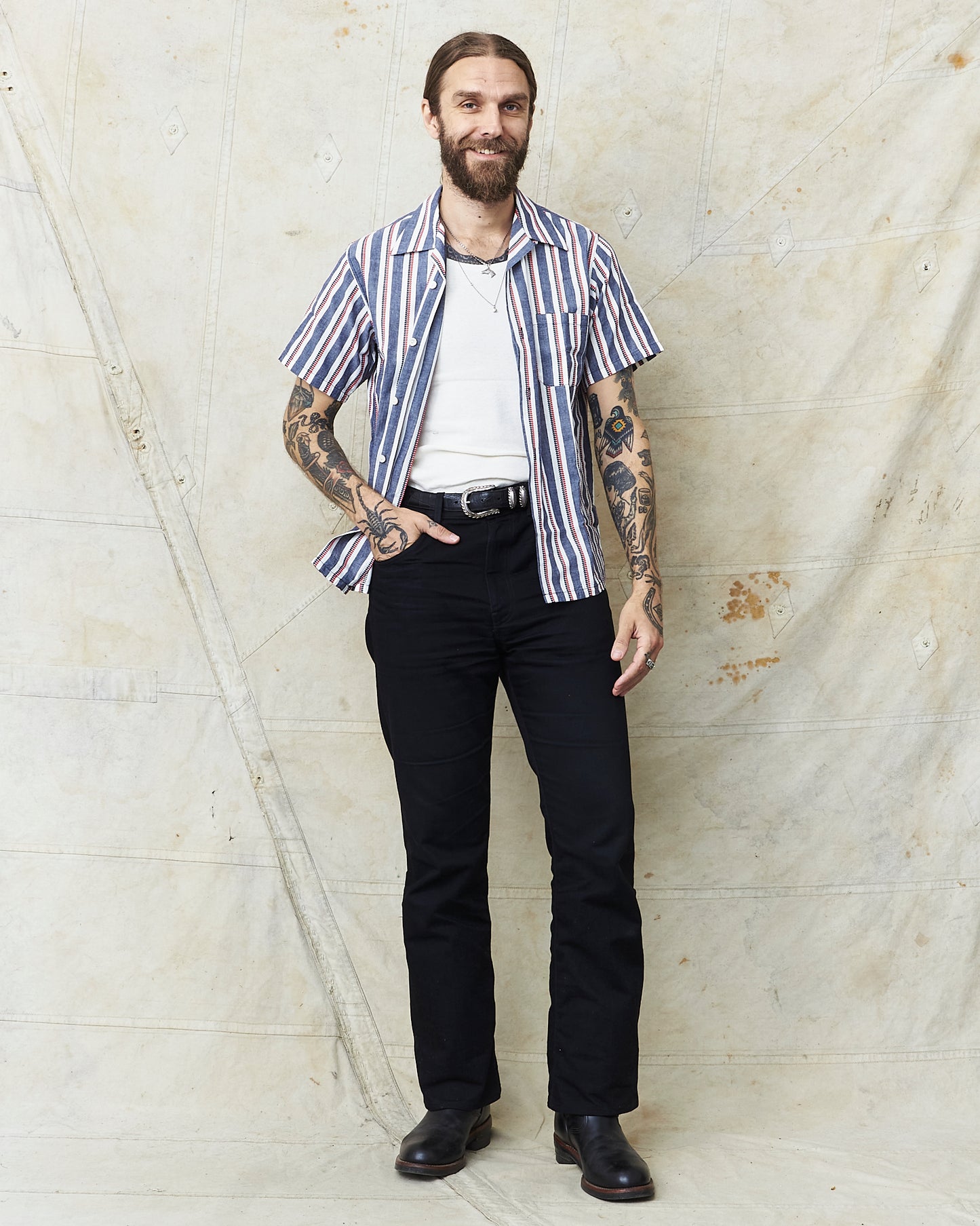 Sugar Cane & Co SC39119 Short Sleeve Heart Stripe Open Shirt Navy