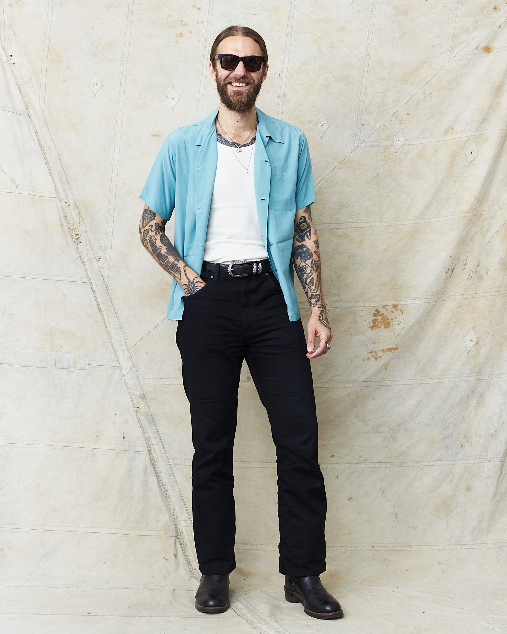 Style Eyes Short Sleeve Rayon Bowling Shirt Light Blue