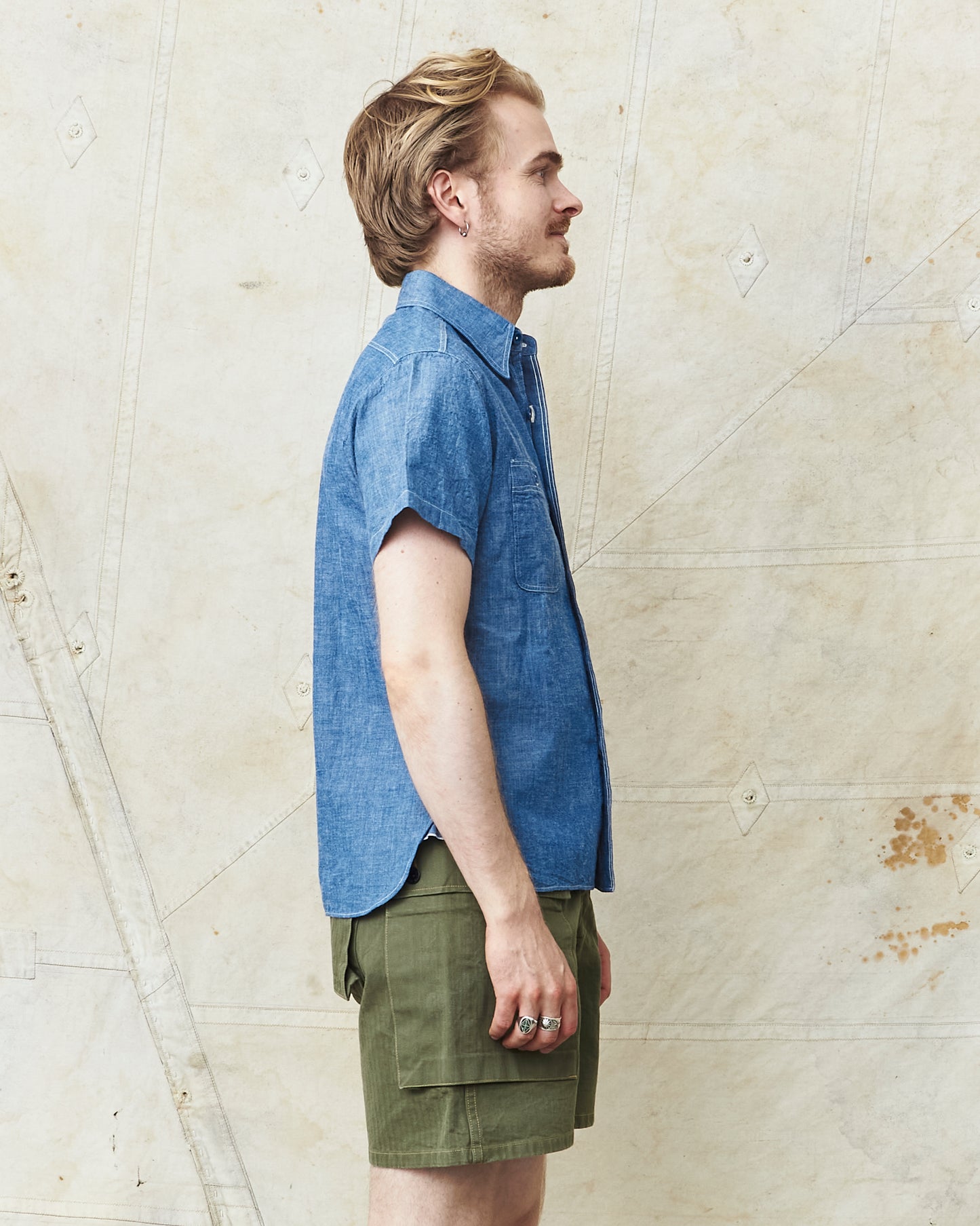 Buzz Rickson's USN Short Sleeve Chambray Shirt Blue BR35856