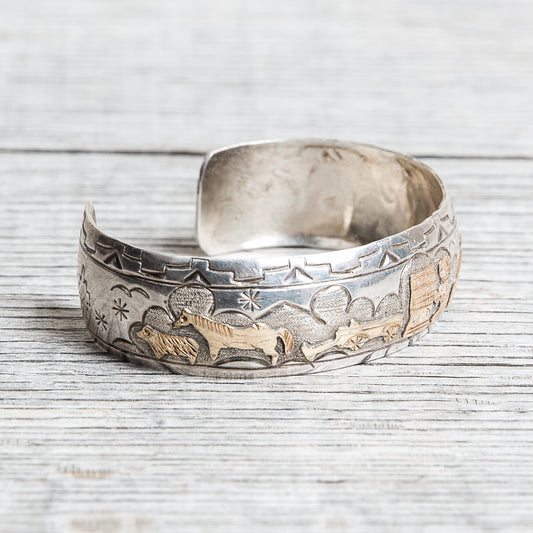Vintage TA Begay Storyteller Bracelet Sterling Silver & 12K Gold