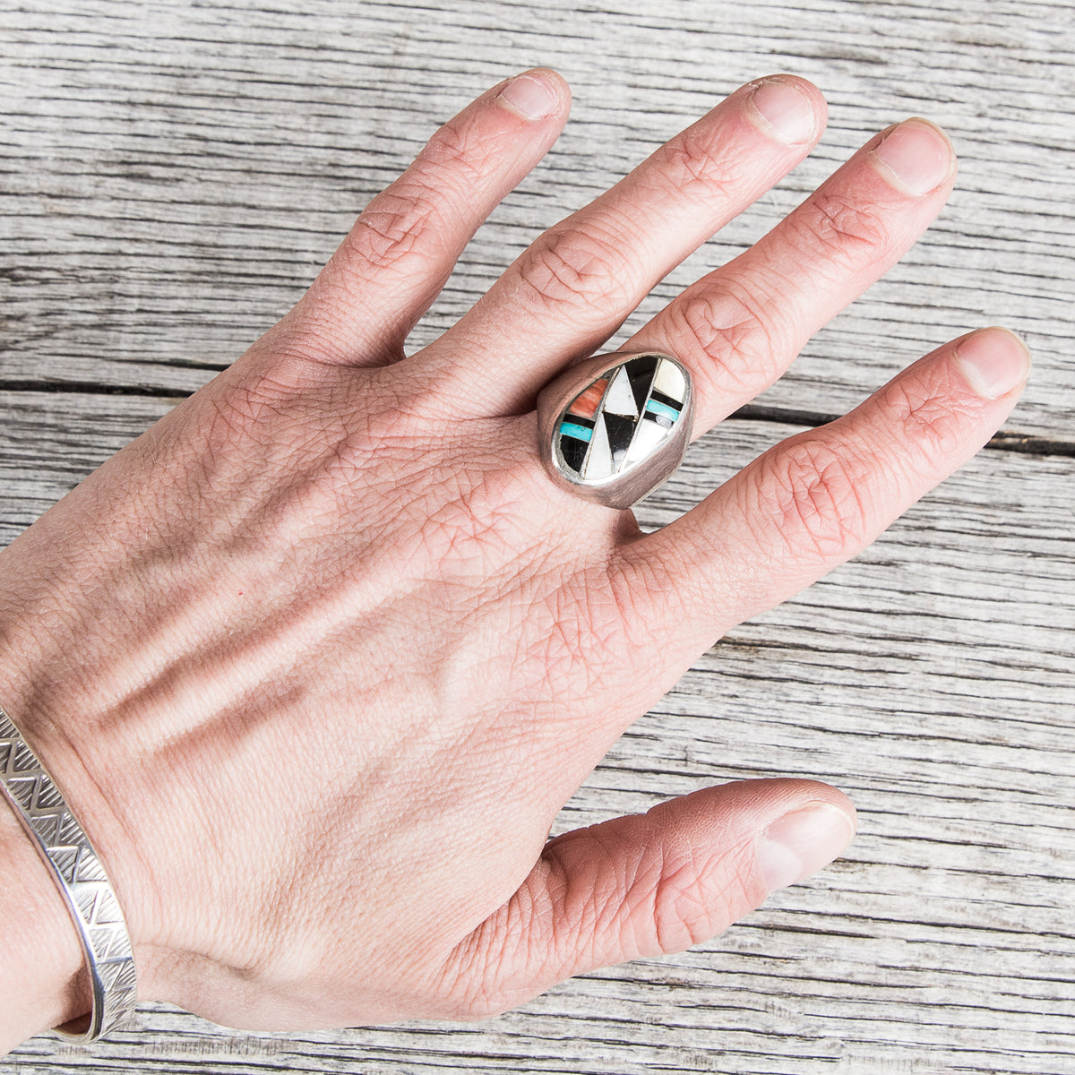 Vintage Zuni Inlaid Turquoise Oval Silver Ring No. 2