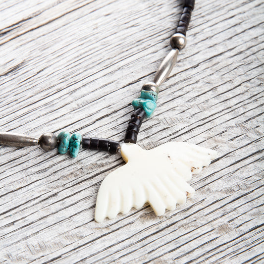Vintage Navajo Turquoise & Benchmade Silver Beads Bird Necklace