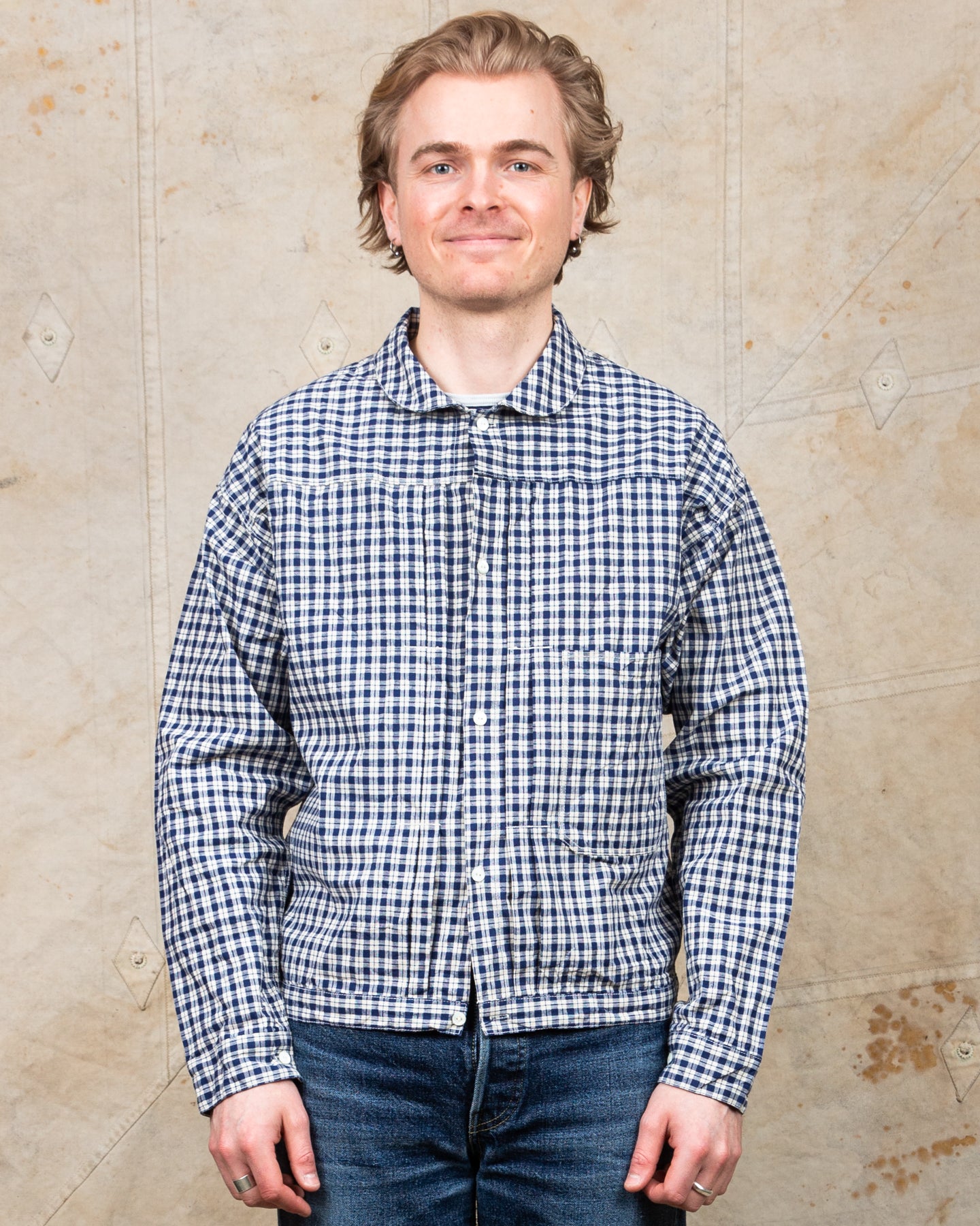 WAREHOUSE Indigo Check ラウンドカラー ブルゾン　2166 Warehouse & Co Lot 2166 Indigo Check Round Collar Jacket – Second