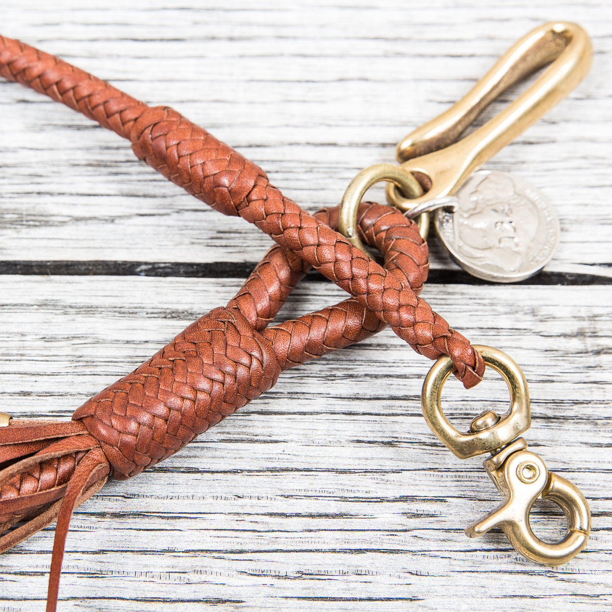 Lone Wolf Leathers Braided Wallet Leash Brass Fish Hook Saddle Tan