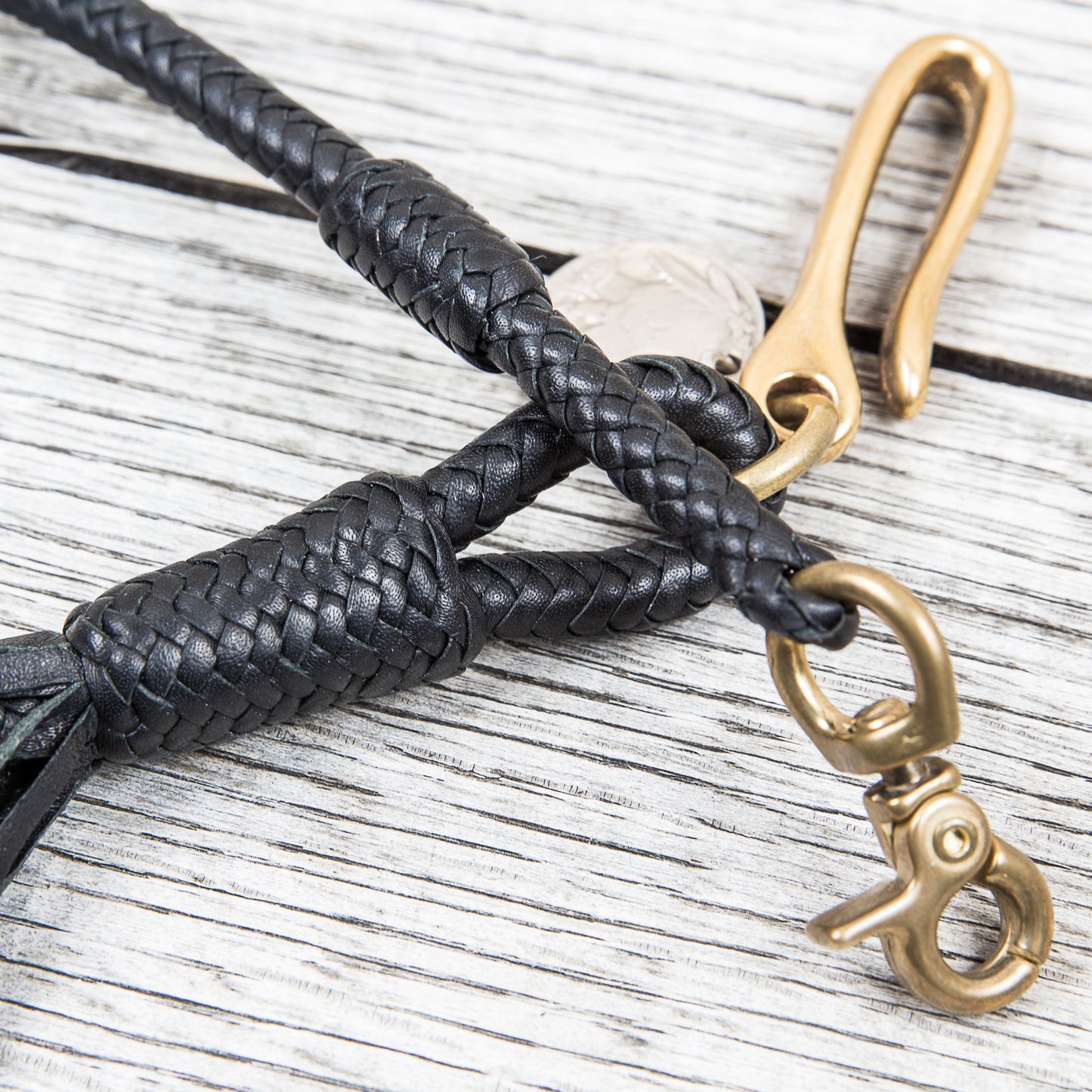 Lone Wolf Leathers Braided Wallet Leash Brass Fish Hook Black