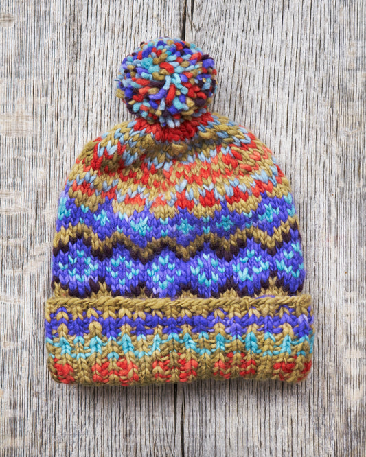 Chamula Double Cuff Wool Cap Fair Isle #8 Dk. Alfalfa
