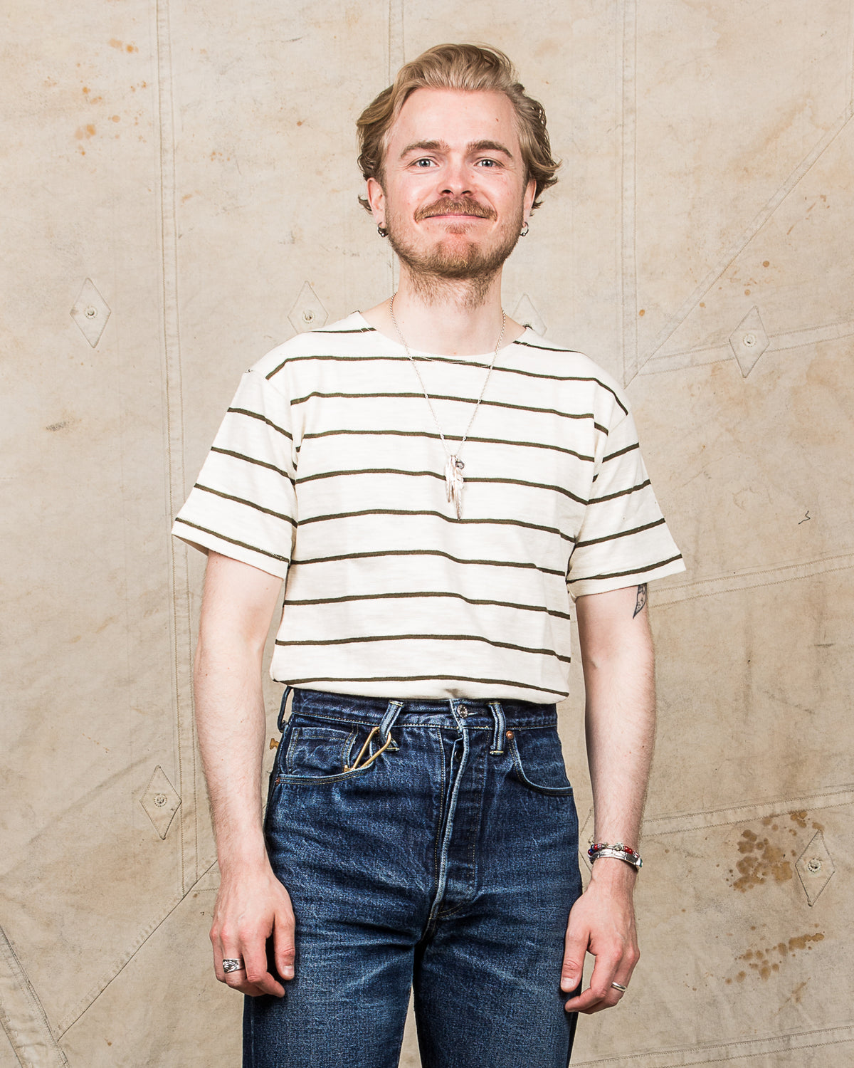 Warehouse & Co. Lot 4087 Short Sleeved Stripe T-shirt Off White / Green