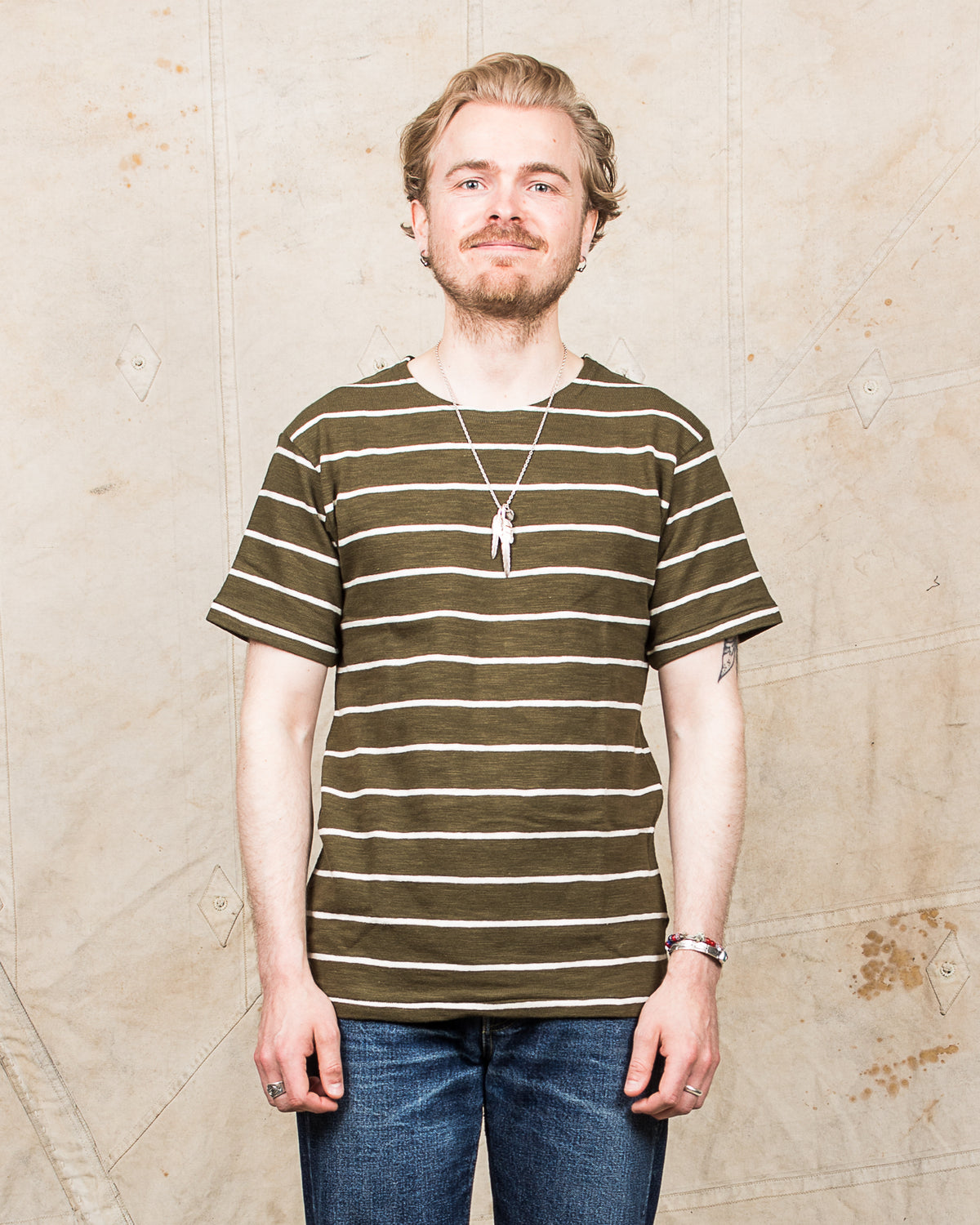 Warehouse & Co. Lot 4087 Short Sleeved Stripe T-shirt Green / Off White