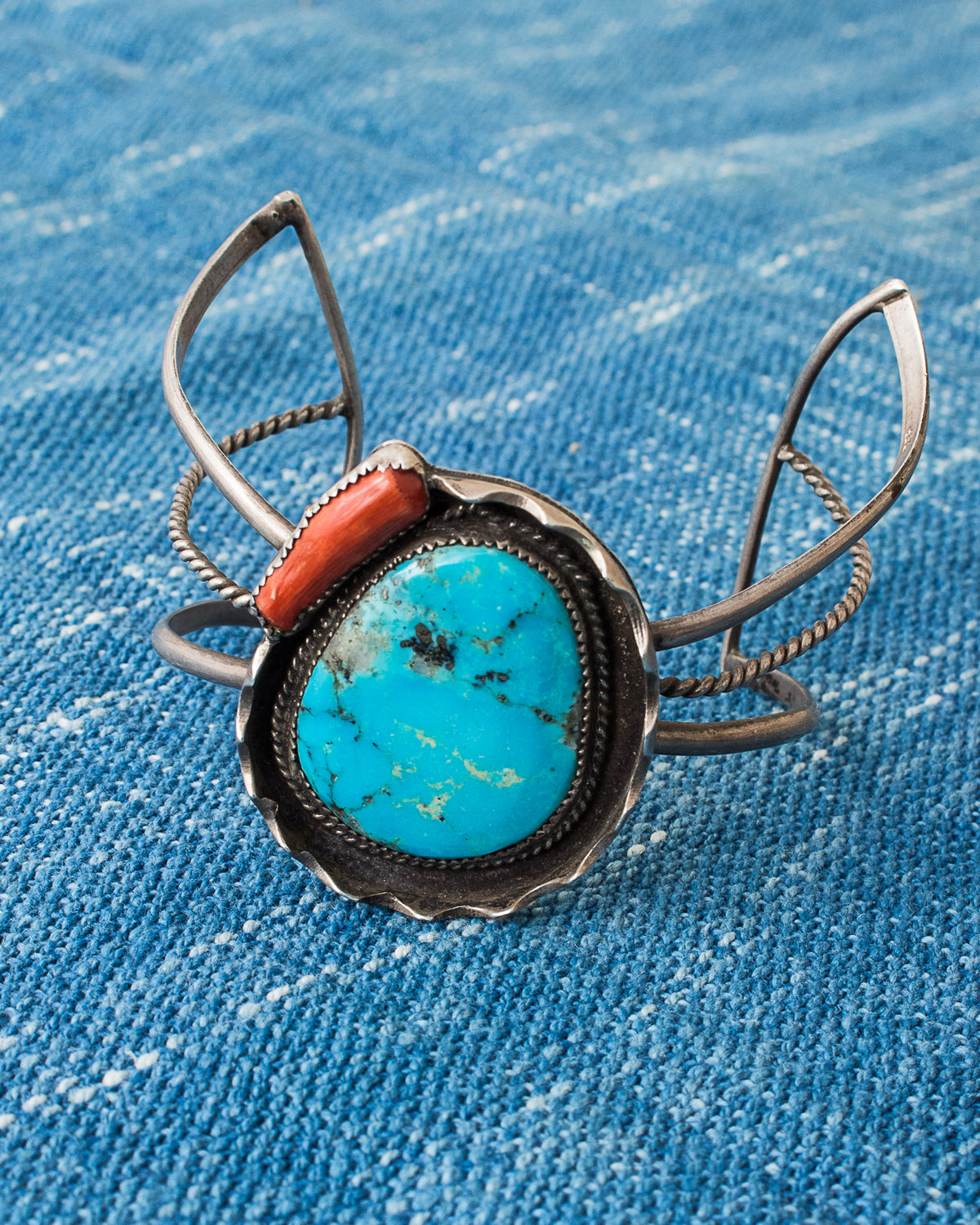Vintage Steve Grant Navajo Artisan Turquoise & Coral Silver Bracelet