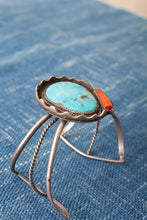 Vintage Steve Grant Navajo Artisan Turquoise & Coral Silver Bracelet