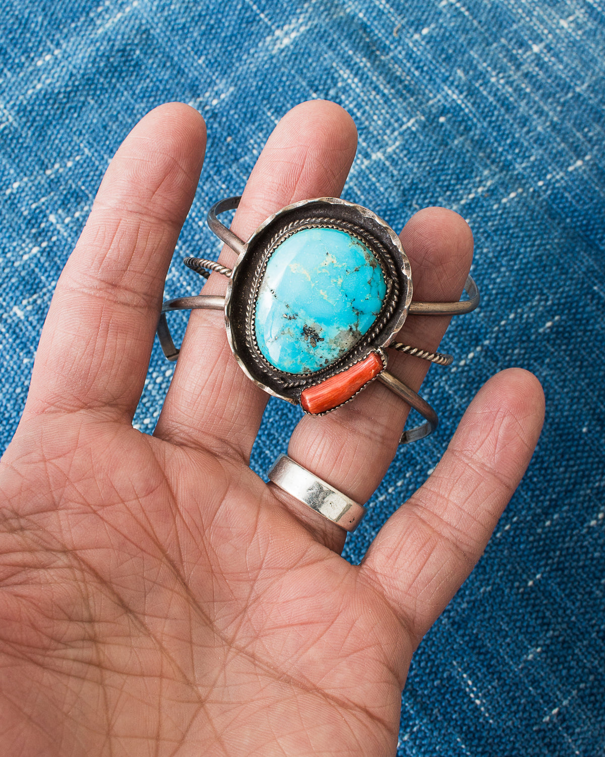 Vintage Steve Grant Navajo Artisan Turquoise & Coral Silver Bracelet