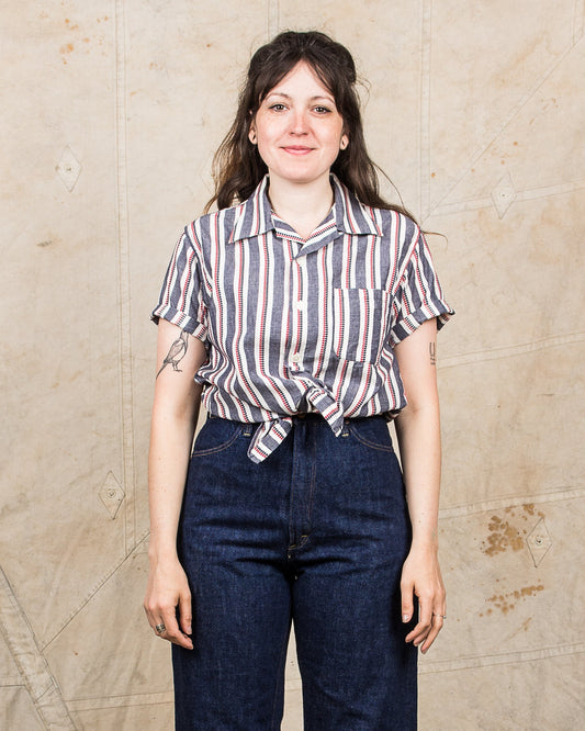 Sugar Cane & Co SC39119 Short Sleeve Heart Stripe Open Shirt Navy