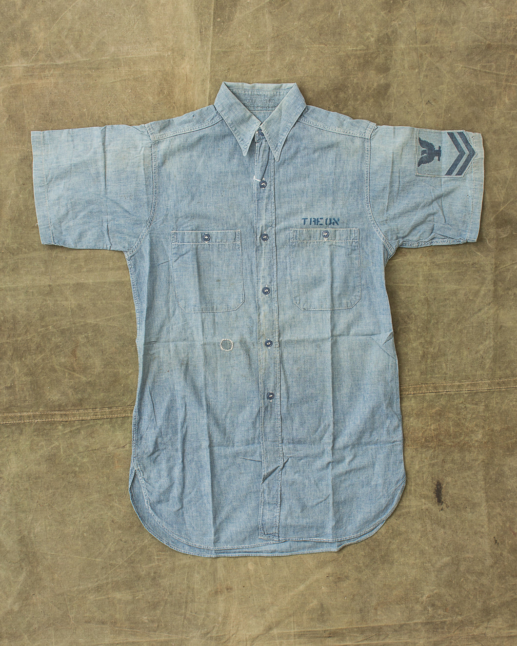 Vintage US Navy Short Sleeve Chambray Shirt With Contract Number Size 14/S