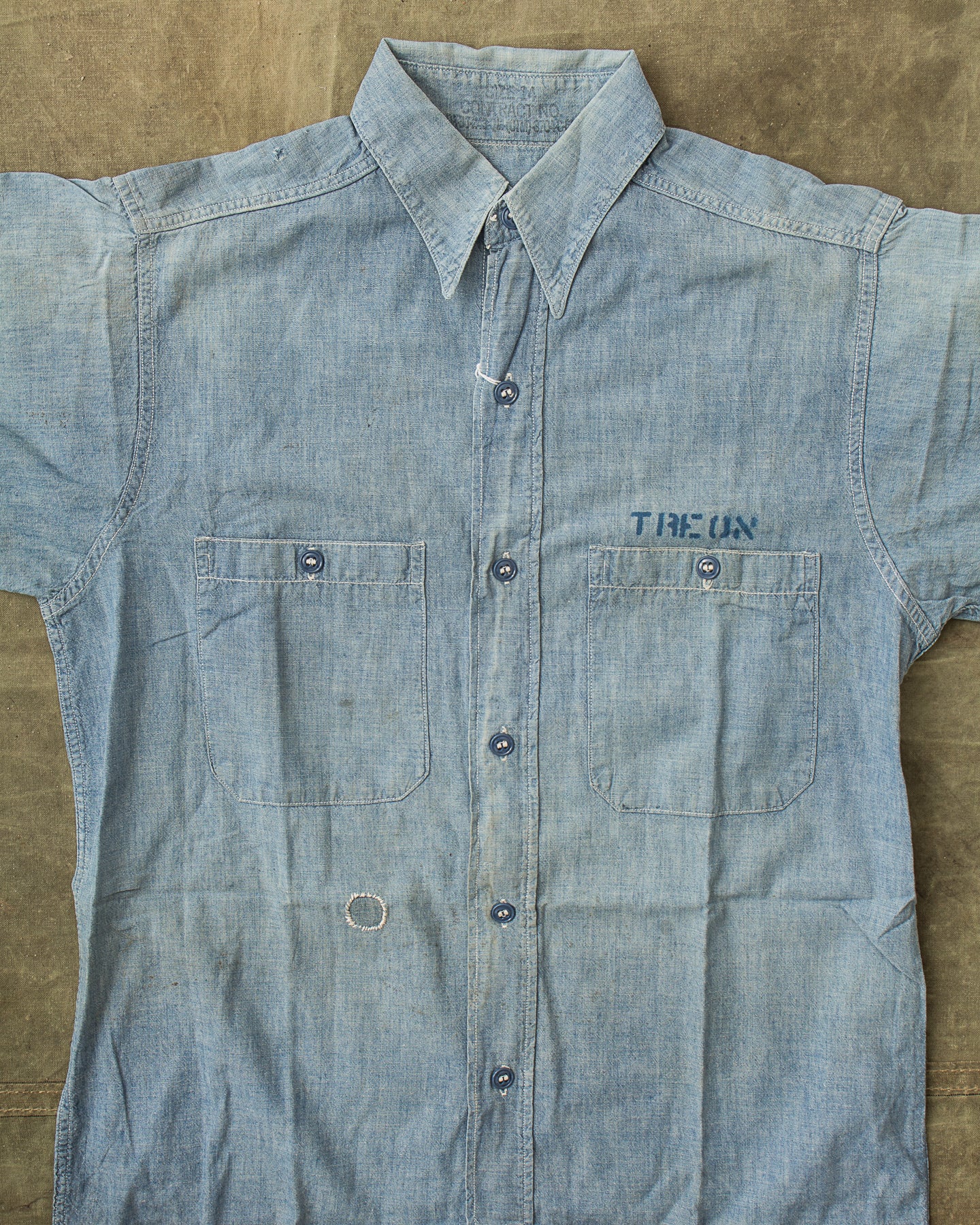 Vintage US Navy Short Sleeve Chambray Shirt With Contract Number Size 14/S