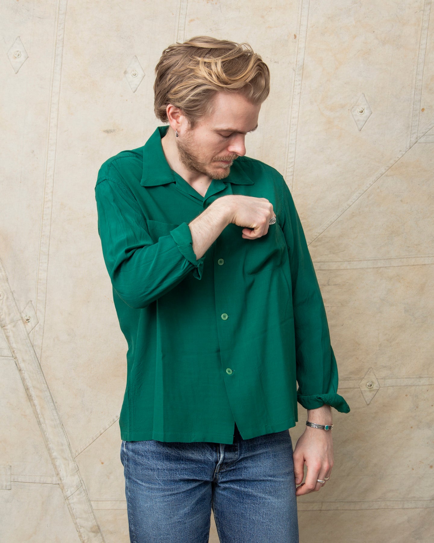 Style Eyes Long Sleeved Rayon Bowling Shirt Green SE29258