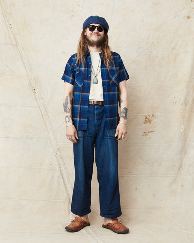 Sugar Cane & Co SC39518 Short Sleeve Indigo Check Work Shirt