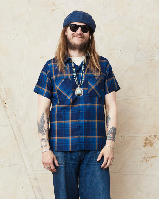 Sugar Cane & Co SC39518 Short Sleeve Indigo Check Work Shirt