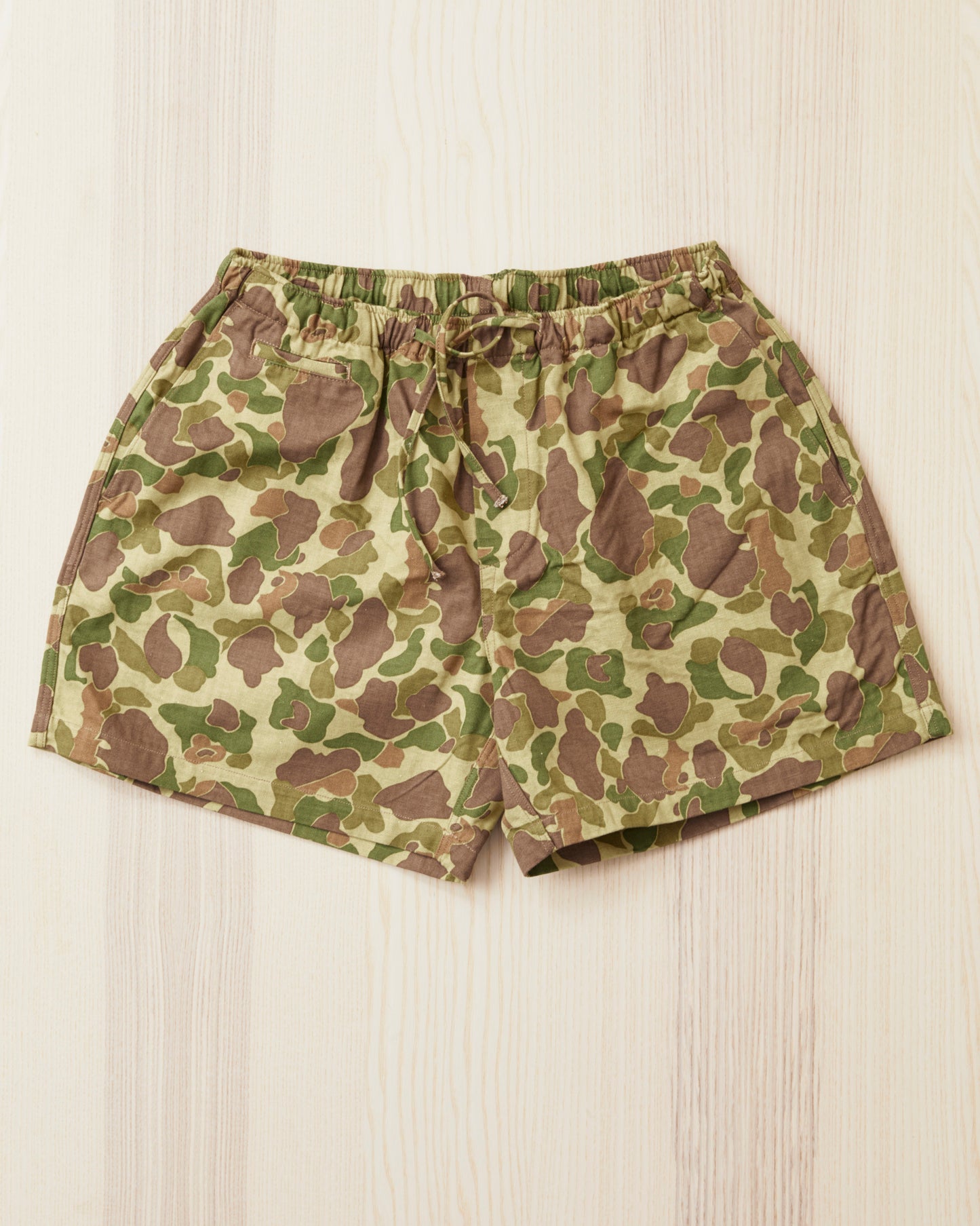 Papa Nui Cap Co. Atoll Beach Trunks Cotton HBT Twill Frog Skin Camo