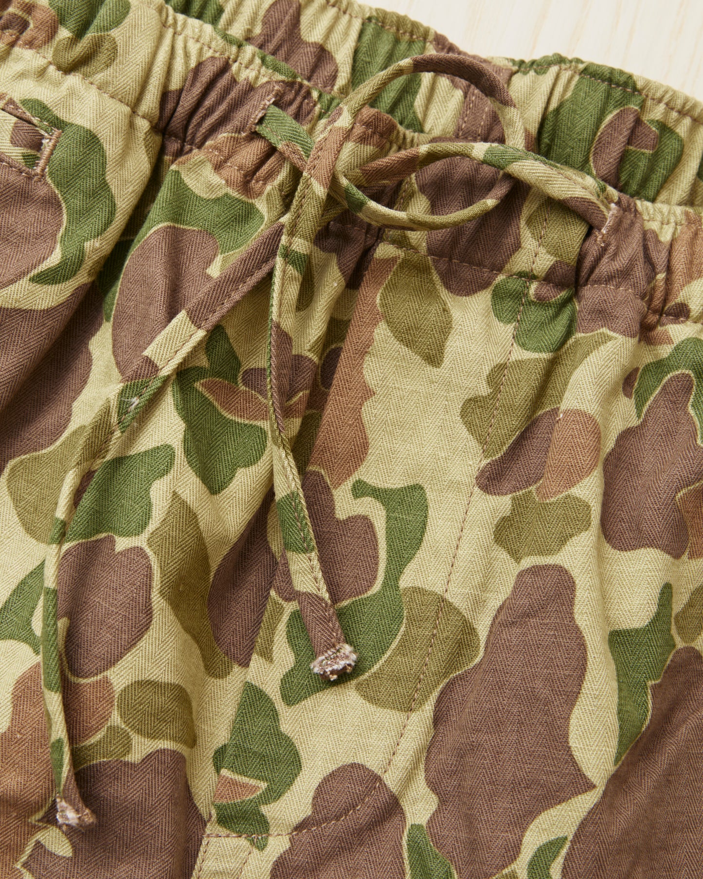 Papa Nui Cap Co. Atoll Beach Trunks Cotton HBT Twill Frog Skin Camo