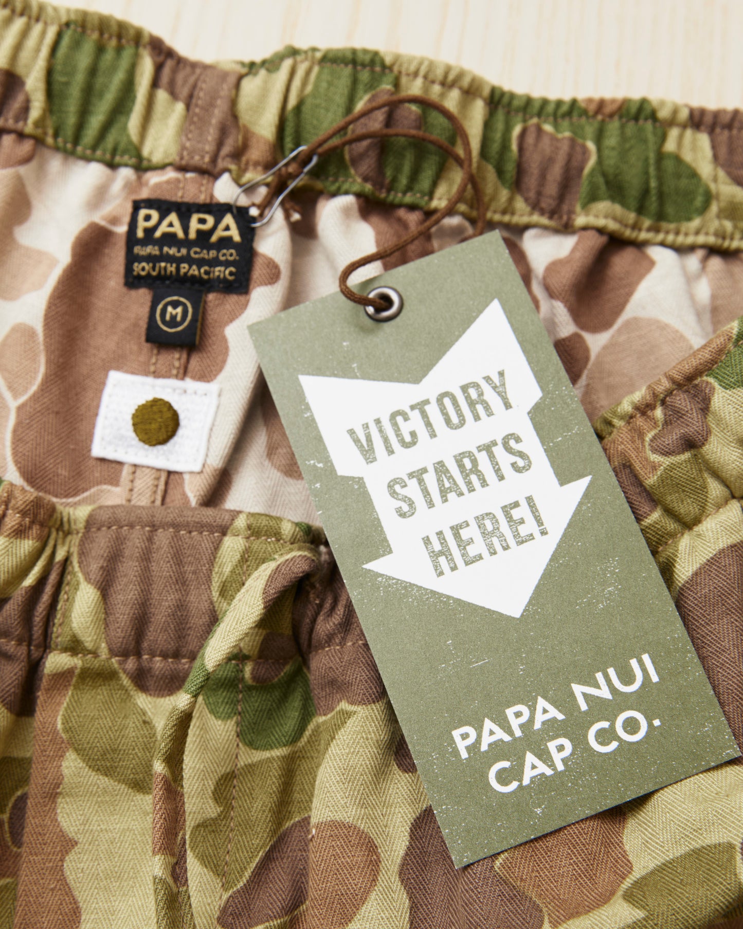 Papa Nui Cap Co. Atoll Beach Trunks Cotton HBT Twill Frog Skin Camo